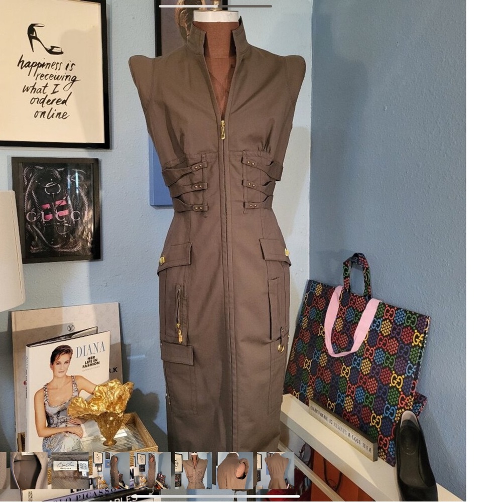 Byron Lars Beauty Mark Cargo Exaggerated Shoulder Midi Dress